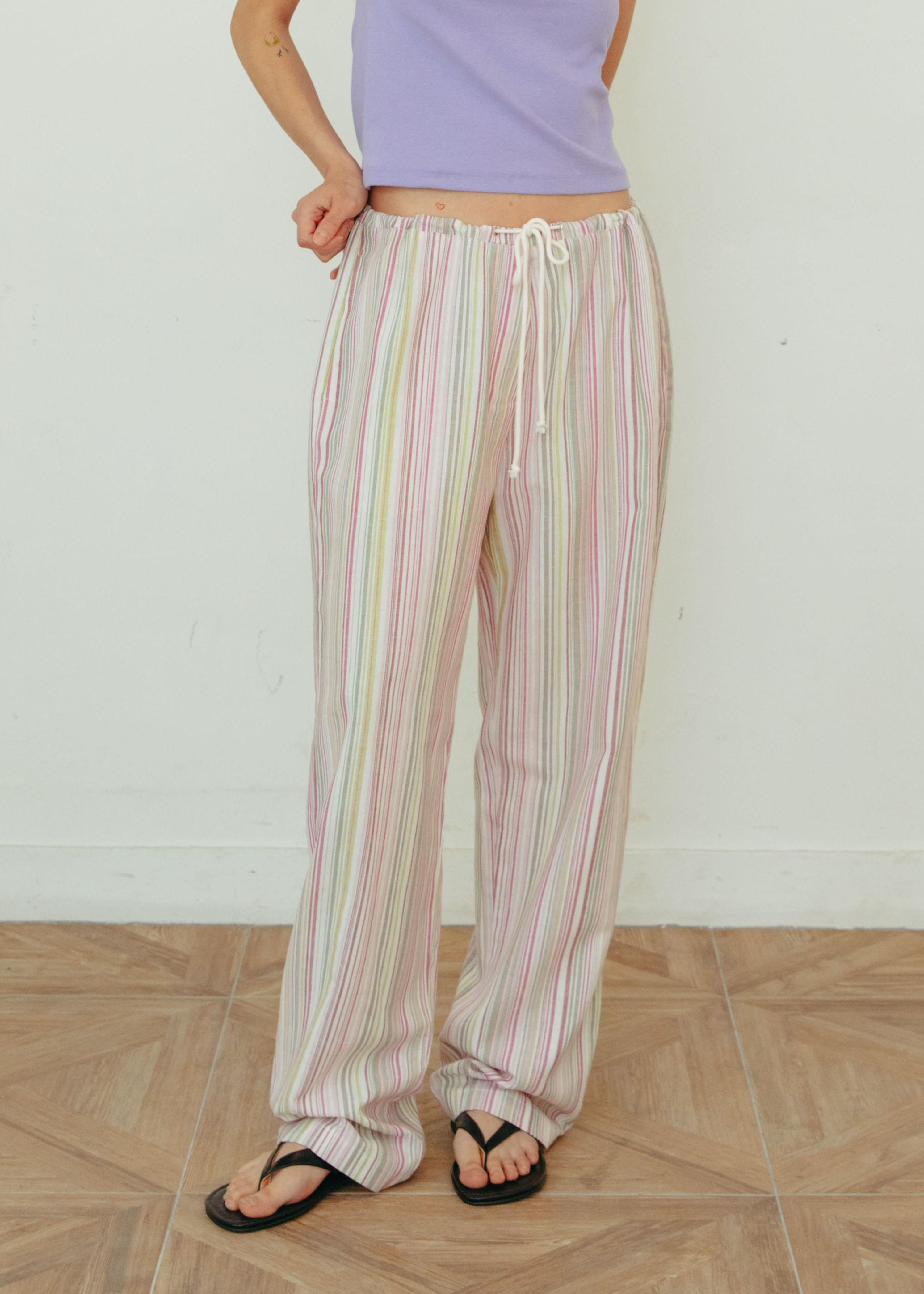 Linen Stripe Pants - Pink - OWNMOOD